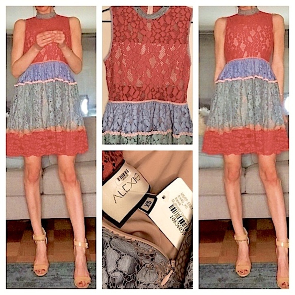 Alexis Lace Tiered Mini Dress Vedette High Neck Bandeau Colorful Designer 0 $583